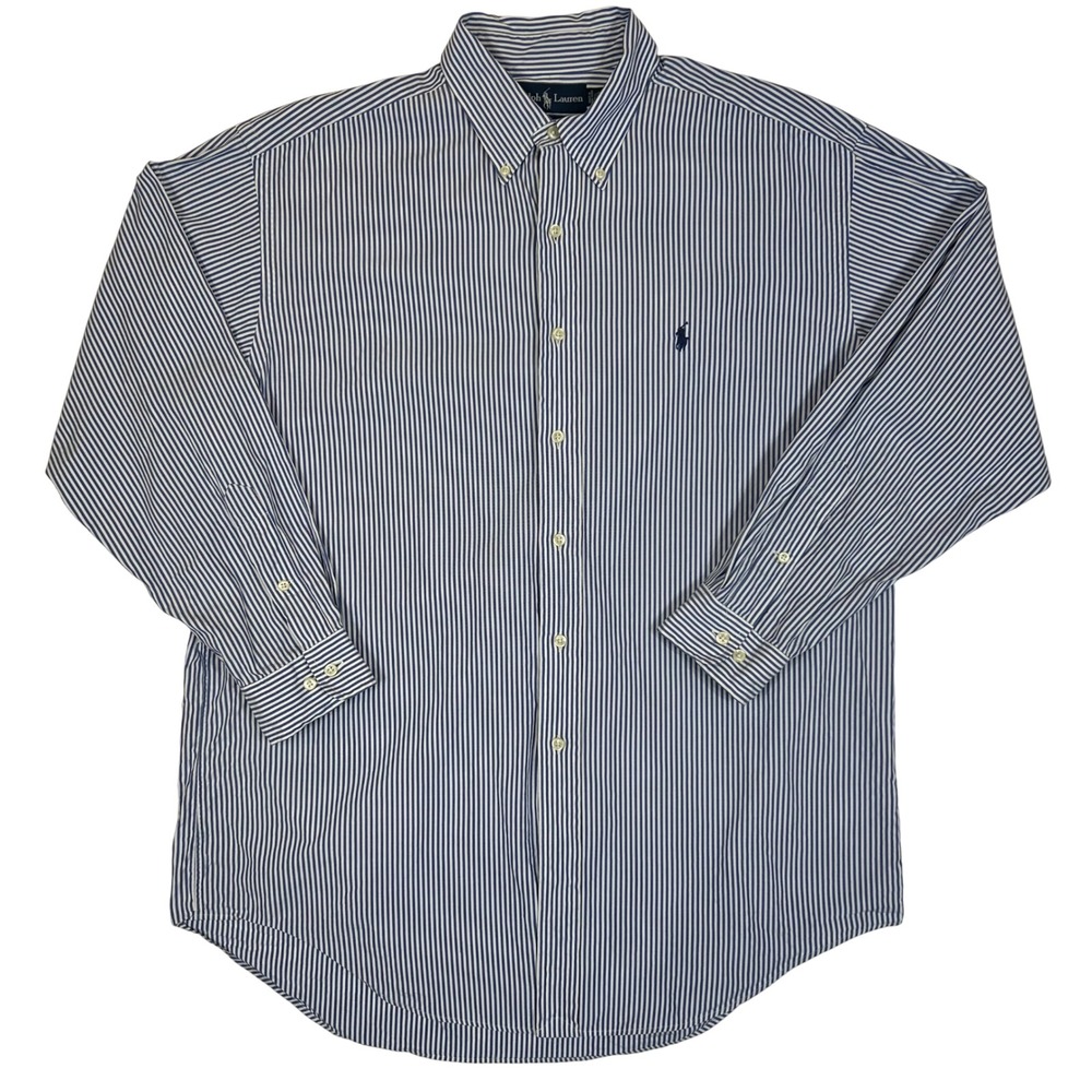 Ralph Lauren Yarmouth Men 16.5 32/33 Blue White Striped Cotton Button Down Shirt